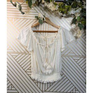 Free People Women's Hummingbird Tee Ivory Off Shoulder Tassel Top Linen Size M